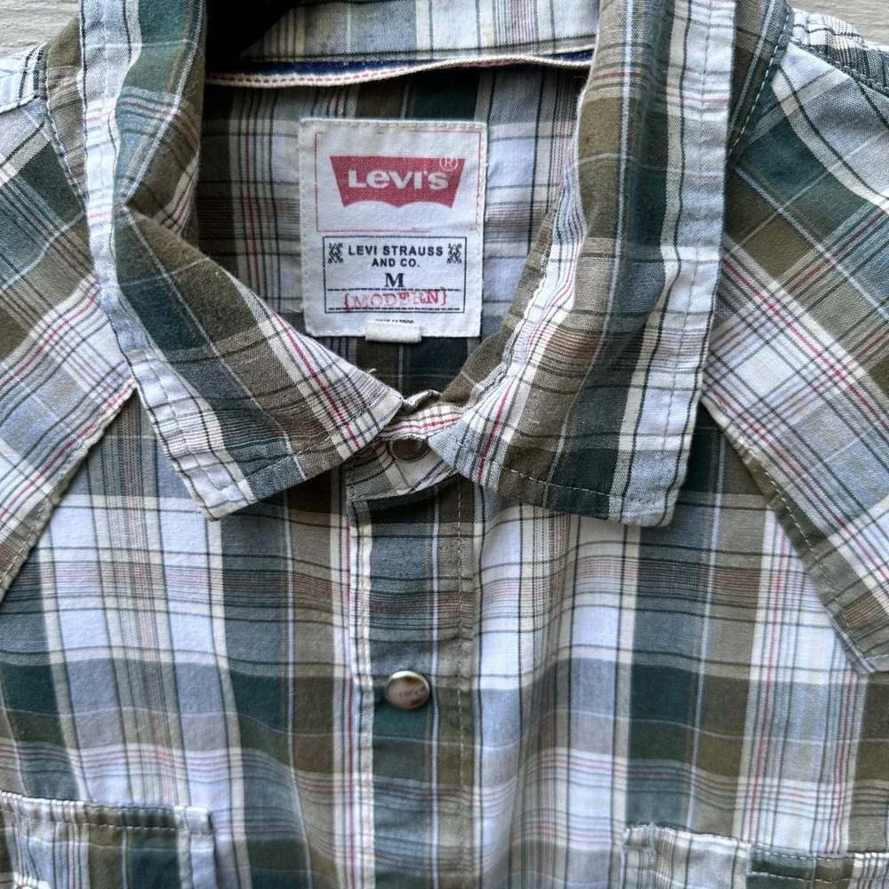 Levis Mens Size Medium Western Plaid Snap Front Shirt Olive Green Long Sleeve M
